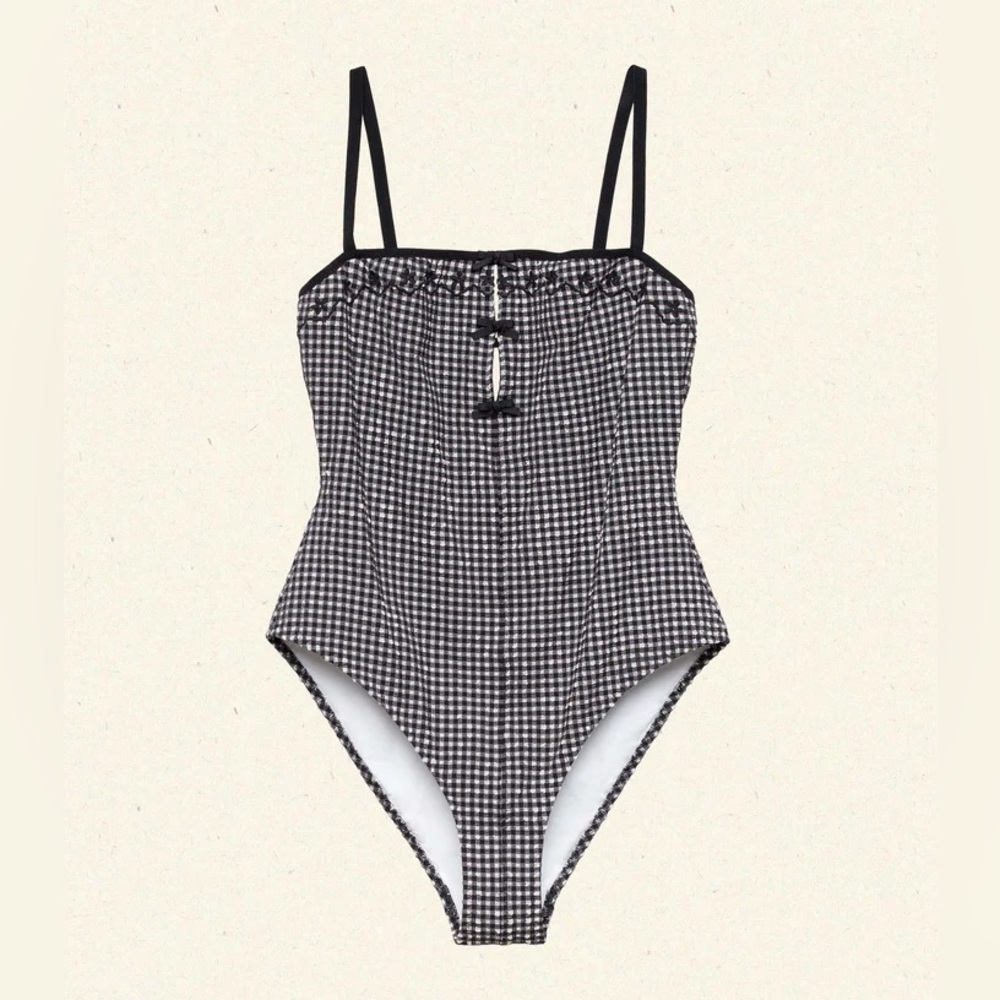 NWT Doen Adrielle Maillot Bow One Piece Swim Suit La Maddalena Gingham Black - Picture 14 of 15